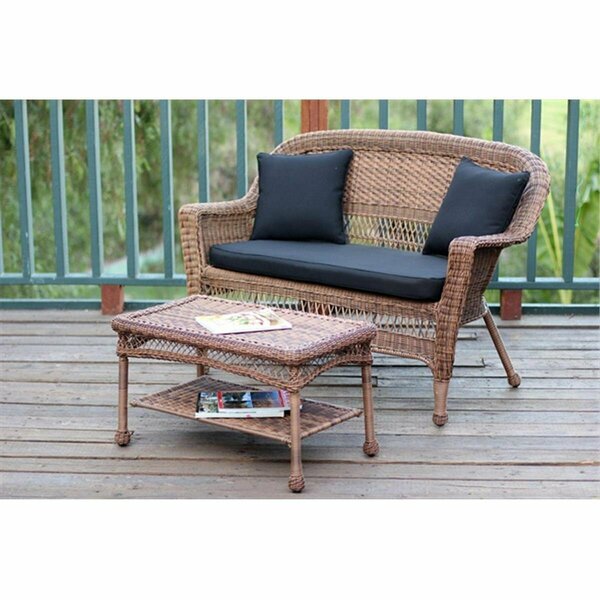 Jeco Honey Wicker Patio Love Seat And Coffee Table Set With Black Cushion W00205-LCS017